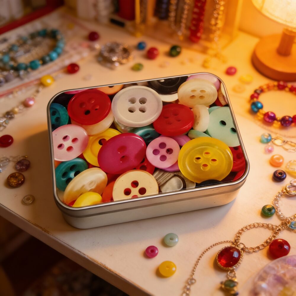 Silver Metal Tinplate Storage Container with Colorful Button Lid – 100g Decorative Tin for Candles, Accessories & Beads
