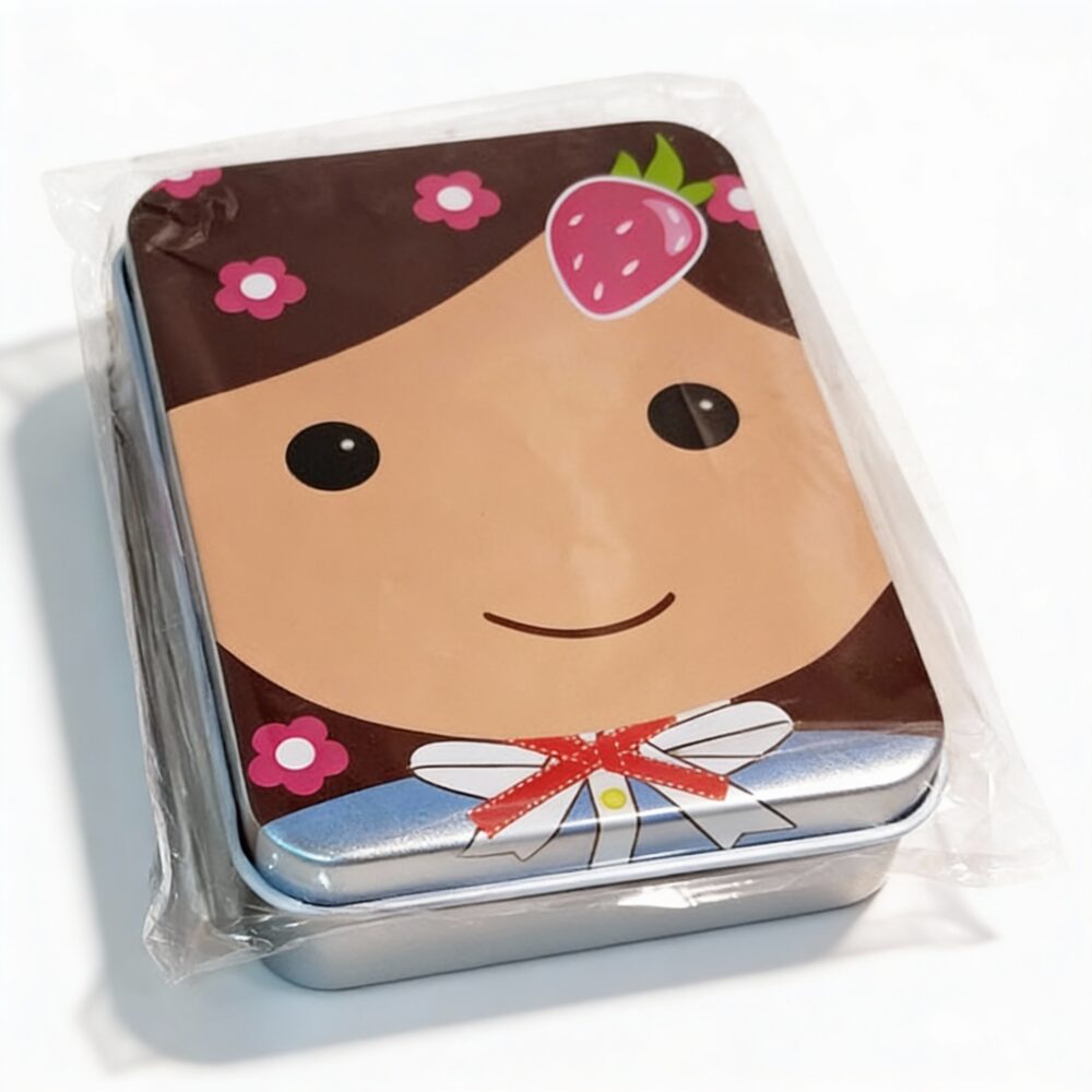 Silver Metal Tinplate Storage Container with Girl Illustration Lid