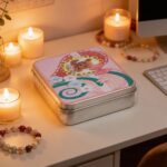 Silver Metal Tinplate Storage Container with Pink Heart & Teddy Bear Lid – 100g Decorative Tin for Candles, Accessories & Beads