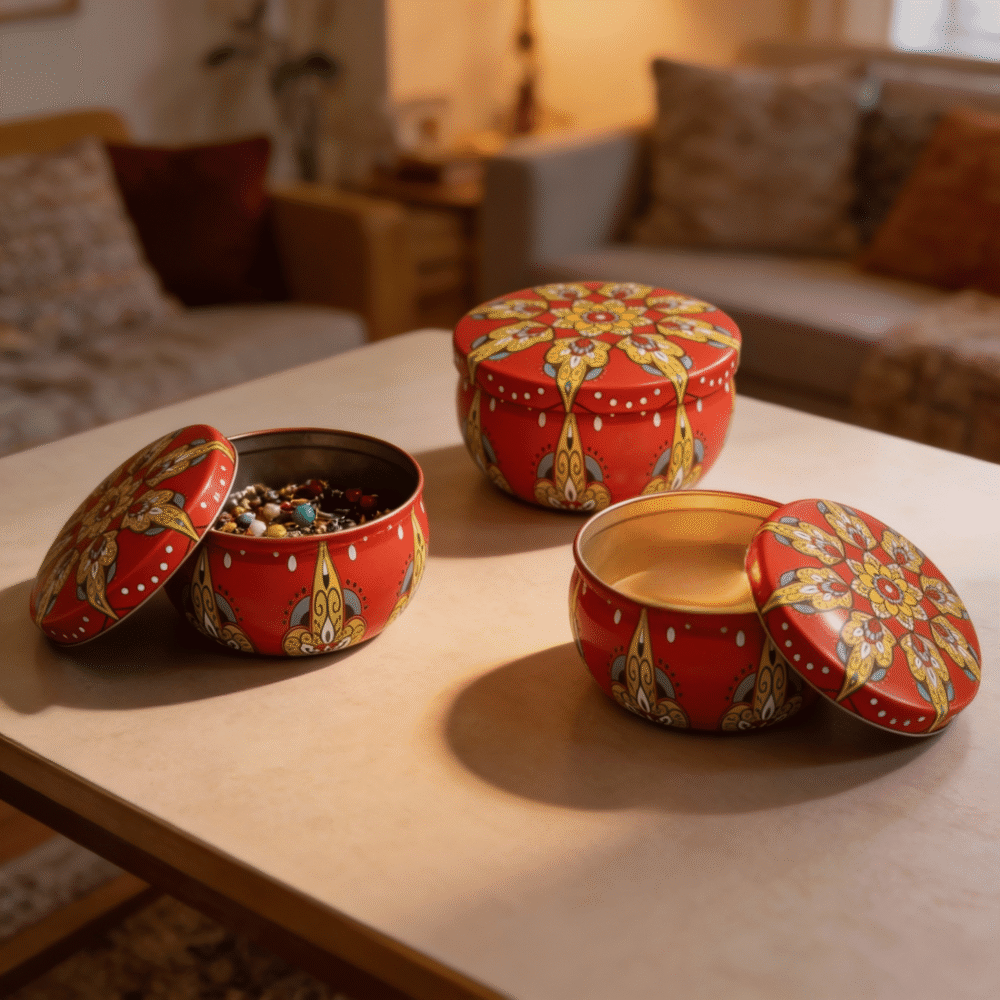 Red Metal Storage Tin with Yellow Design – 50g Capacity