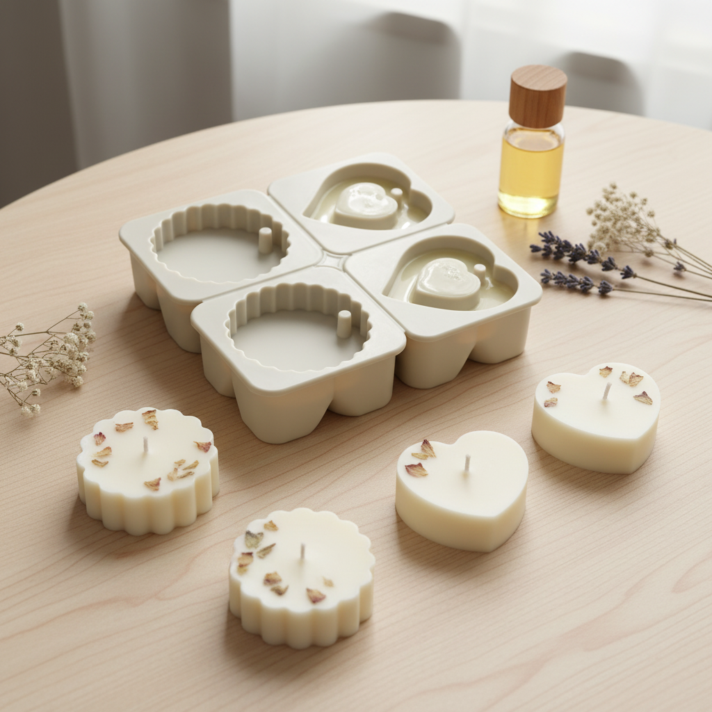 4-Cavity Silicone Mold for Candles and Soap – 2 Hearts & 2 Circles DIY Mold