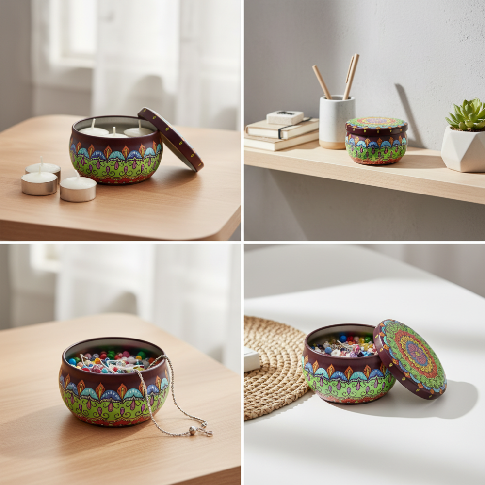 reate a high-quality lifestyle product image of a small tinplate metal storage container with a Mandala marble design. The container must be identical to the reference image in shape, color, and pattern — marble-inspired Mandala design, with no changes to the design, colors, layout, or proportions. Show the container in a clean, aesthetic organizing lifestyle scene, including: – One image storing candles – One image storing beads and jewelry accessories – One image placed on a desk, vanity, or shelf for organization The container should appear compact and realistic (dimensions: 7.5 × 5 cm, capacity 100g). Use soft natural lighting, a modern minimalist background, and a premium, cozy lifestyle atmosphere. Style: photorealistic e-commerce lifestyle photography, ultra-high resolution, sharp focus, professional product styling, clean composition. Do not add text, logos, or extra decorations. Keep the storage tin design exactly the same as the reference image.