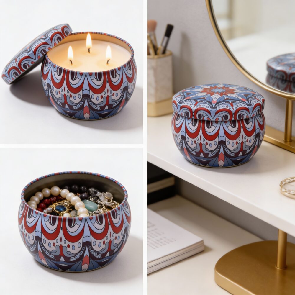Dark Blue Mandala Metal Storage Tin 7.5 × 5 cm for Candles & Accessories – 100g