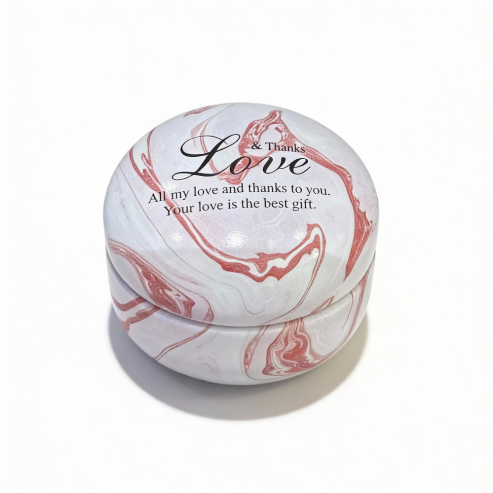 White Marble Metal Storage Tin – “Thank & Love” Red Design – 75g Capacity