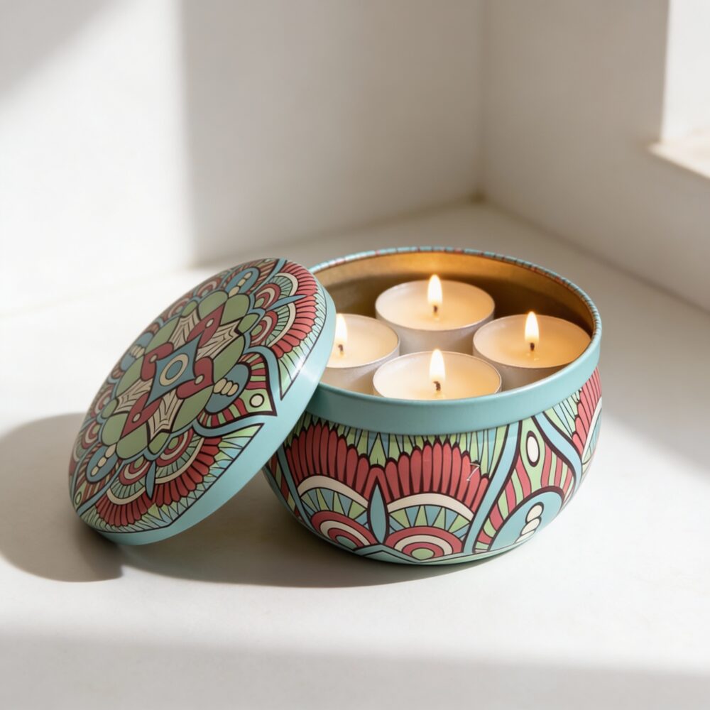 Mint Green Mandala Metal Storage Tin 5 × 7.5 cm – 100g Capacity