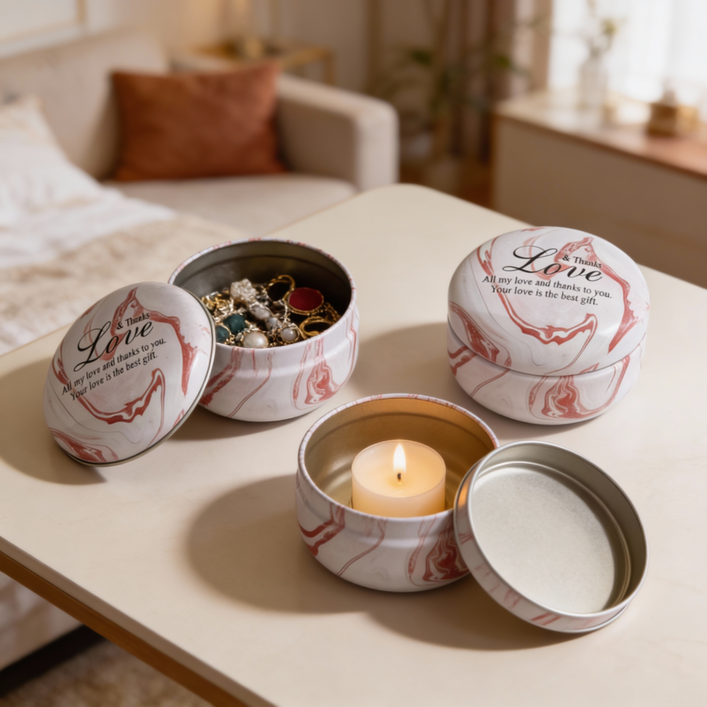 White Marble Metal Storage Tin – “Thank & Love” Red Design – 75g Capacity