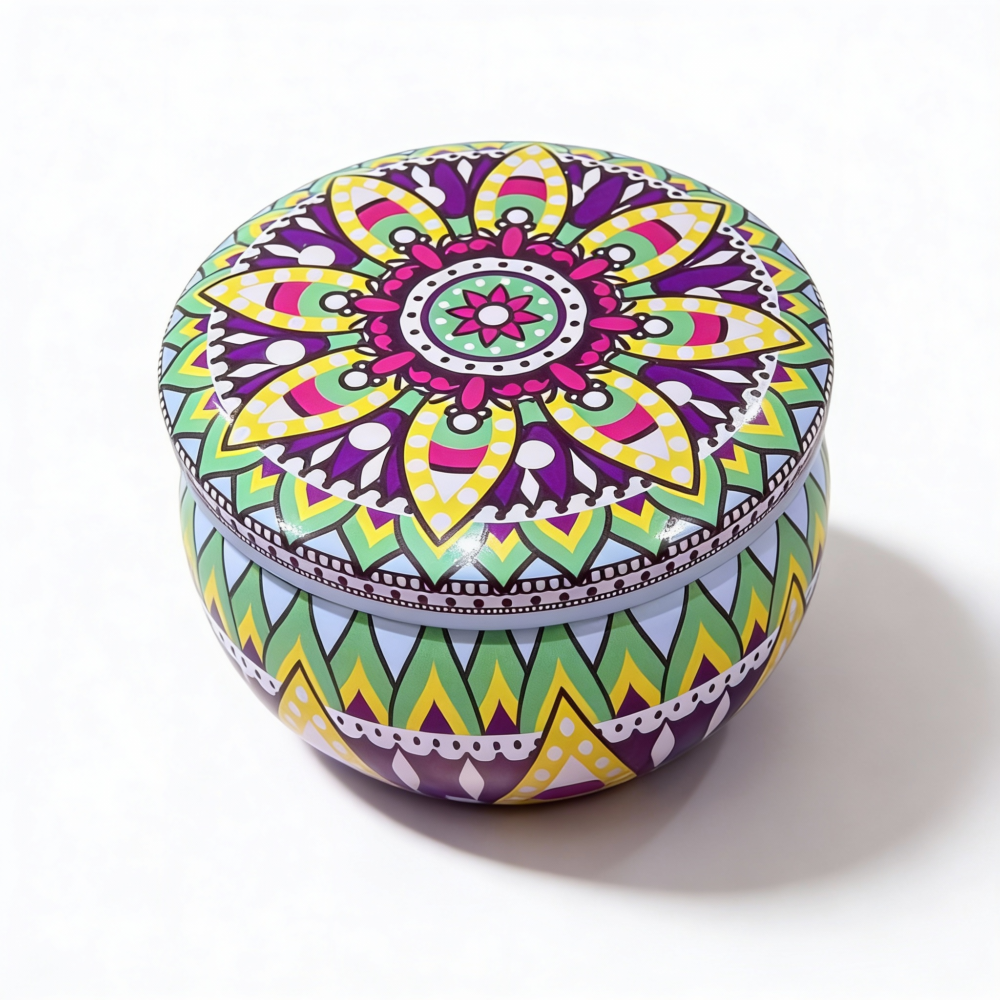 Mint Green Mandala Metal Storage Tin with Colorful Design for Candles & Accessories (100g)