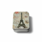 Silver Metal Tinplate Storage Container with Eiffel Tower Lid. 100g Capacity Decorative Tin for Candles, Accessories & Beads (2.5 × 6.5 × 9 cm)