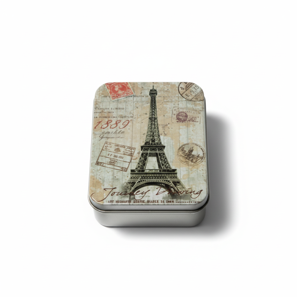 1222.png Silver Metal Tinplate Storage Container with Eiffel Tower Lid. 100g Capacity Decorative Tin for Candles, Accessories & Beads (2.5 × 6.5 × 9 cm) - Image 1