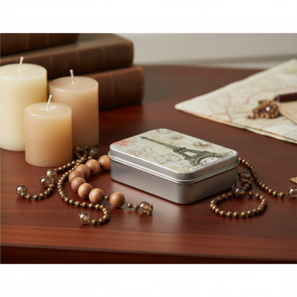 Silver Metal Tinplate Storage Container with Eiffel Tower Lid. 100g Capacity Decorative Tin for Candles, Accessories & Beads (2.5 × 6.5 × 9 cm) - Image 2