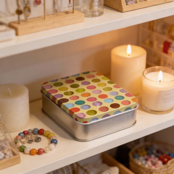 Silver Metal Tinplate Storage Container with Light Yellow Lid. 100g Decorative Tin with Multicolor Circle Design for Candles, Accessories & Beads - Image 2