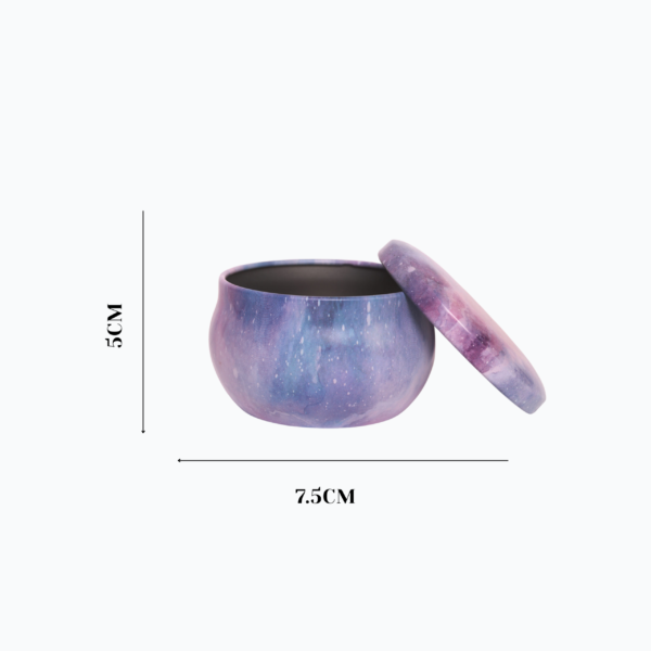 Purple Galaxy Metal Storage Tin with Lid – Mixed Purple Colors – 5x7.5 cm – Decorative, Reusable for Candles, Spices, Herbs, Beads, and Small Storage - Image 3