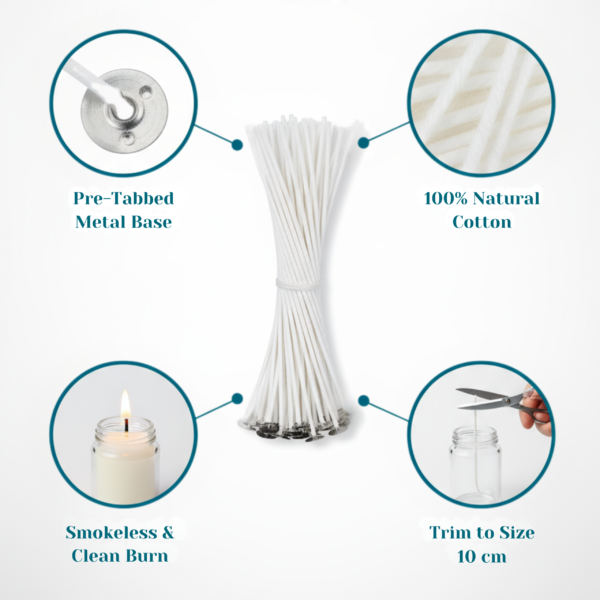 Set of Premium Natural Cotton Candle Wicks with Metal Tabs 10 CM - Image 2