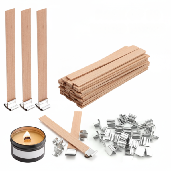 Set of 10 Natural Wood Candle Wicks with Metal Holders, DIY Candle Making Supplies - Image 2