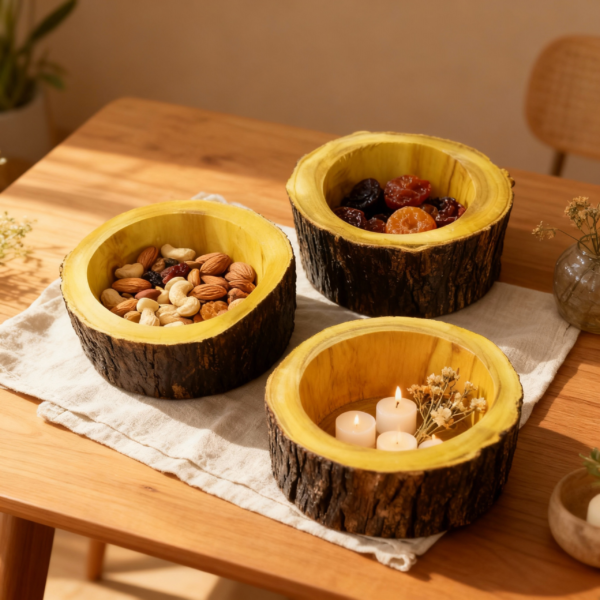 Set of 3 Wooden Bowls Shaped Like a Tree Trunk – Natural Decor - Image 3