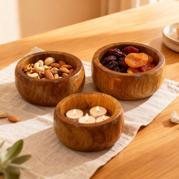 Set of 3 Wooden Bowls Shaped, Natural Decor - Image 2