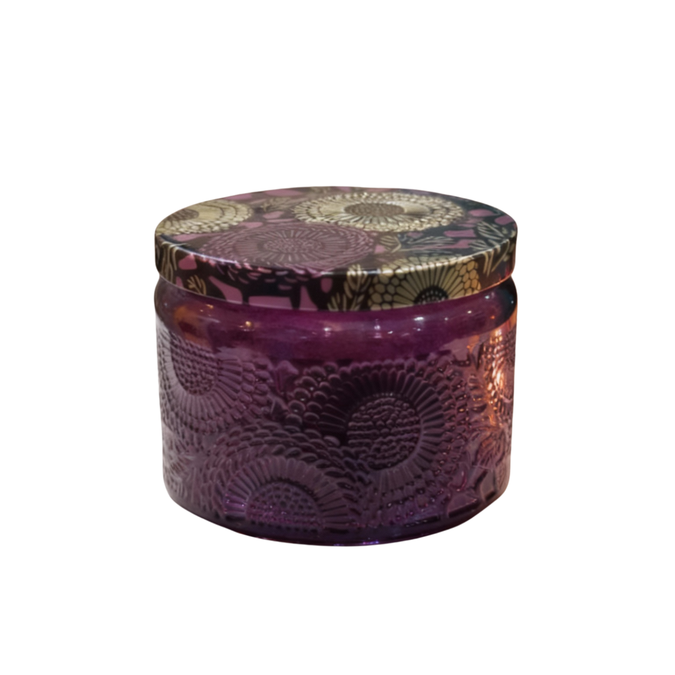 332-scaled-1.png Purple Embossed Glass Storage Jar with Decorative Lid - Image 1