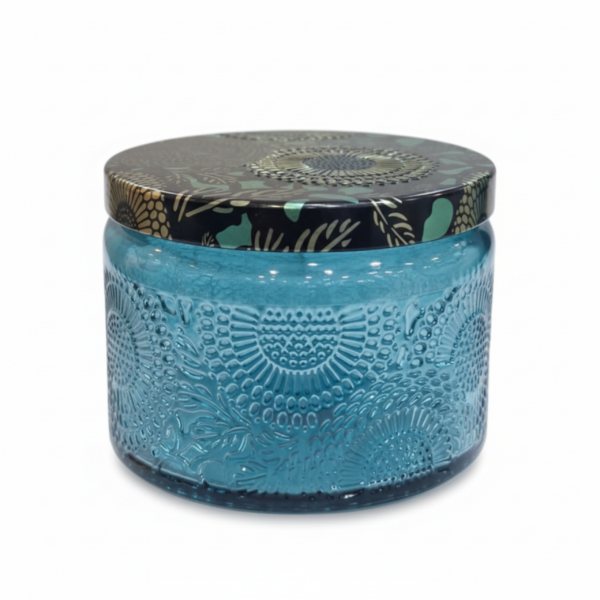 Blue Embossed Glass Storage Jar with Decorative Lid
