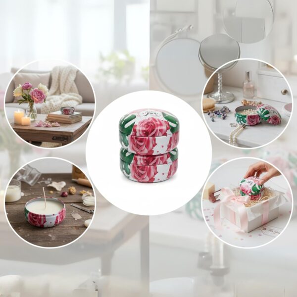 Round Tinplate Storage Jar, Floral Tropical Design, Metal Candle Holders, Accessories Organizer Containers and Keepsakes - Image 2