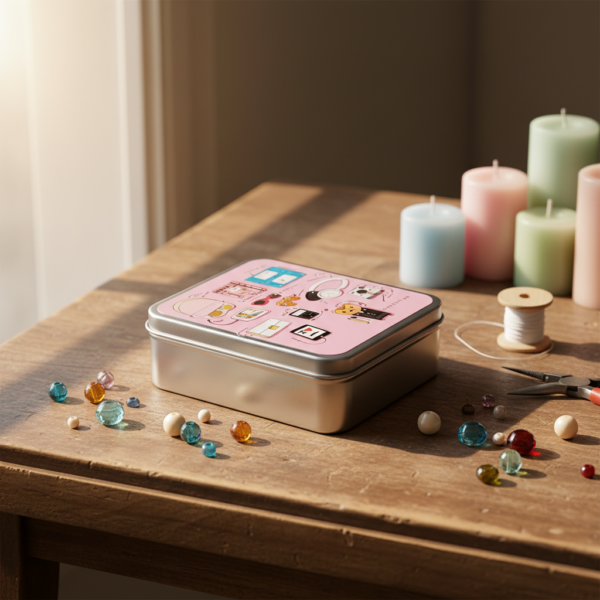 Silver Metal Tinplate Storage Container with Pink Decorative Lid. 100g Tin for Candles, Accessories & Beads - Image 2