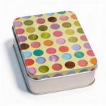 Silver Metal Tinplate Storage Container with Light Yellow Lid. 100g Decorative Tin with Multicolor Circle Design for Candles, Accessories & Beads