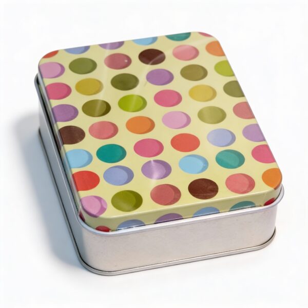 Silver Metal Tinplate Storage Container with Light Yellow Lid. 100g Decorative Tin with Multicolor Circle Design for Candles, Accessories & Beads