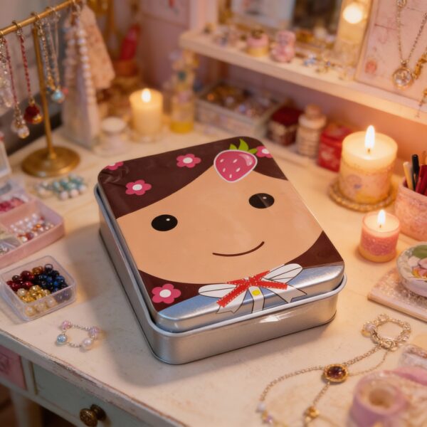 Silver Metal Tinplate Storage Container with Girl Illustration Lid – 100g Decorative Tin for Candles, Accessories & Beads - Image 2