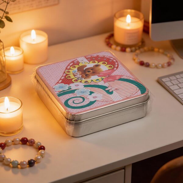 Silver Metal Tinplate Storage Container with Pink Heart & Teddy Bear Lid – 100g Decorative Tin for Candles, Accessories & Beads - Image 2
