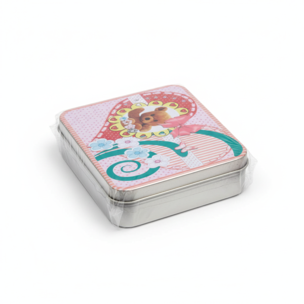 Silver Metal Tinplate Storage Container with Pink Heart & Teddy Bear Lid – 100g Decorative Tin for Candles, Accessories & Beads