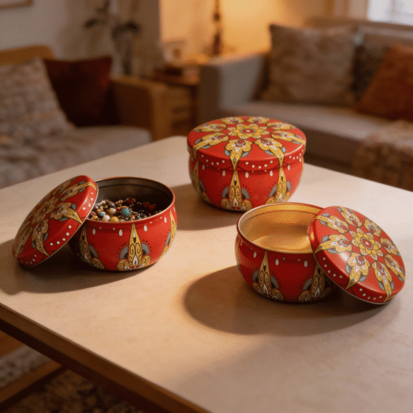 Red Tinplate Storage Tin with Yellow Design – Decorative Metal Organizer for Accessories & Candles (50g) - Image 2