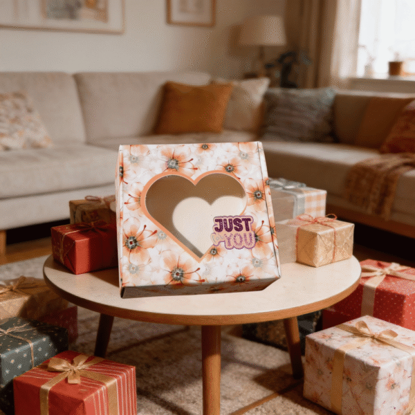 Orange Gift Box with Heart Window “Just for You”. Decorative Gift Packaging Box 4×10×10 cm for Small Gifts, and Packaging Boxes - Image 2