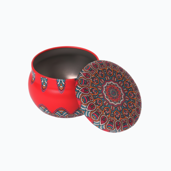 Red Round Metal Storage Tin with Mandala Design Lid – 5x7.5 cm – Decorative, Reusable, Perfect for Candles, Spices, Herbs, Beads, and Small Storage