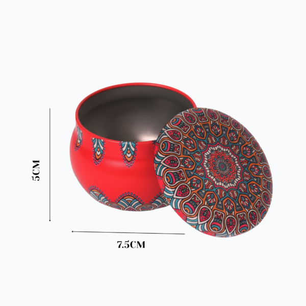 Red Round Metal Storage Tin with Mandala Design Lid – 5x7.5 cm – Decorative, Reusable, Perfect for Candles, Spices, Herbs, Beads, and Small Storage - Image 2