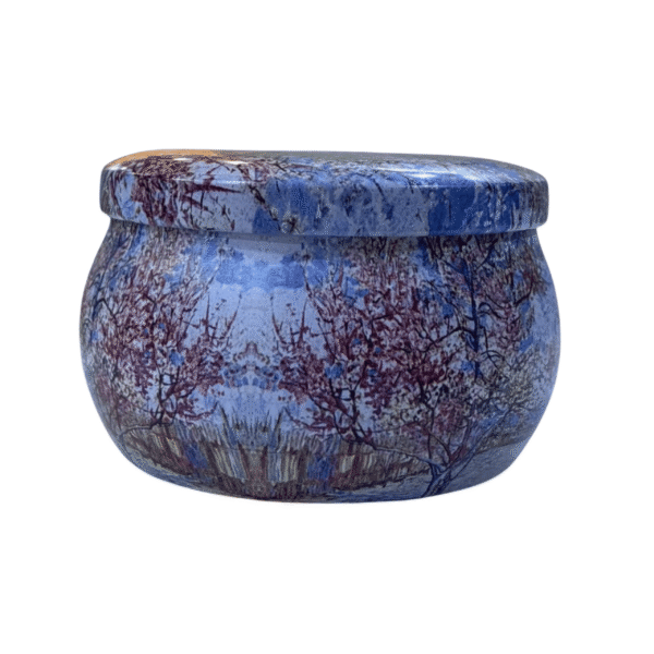 Blue Tinplate Storage Container with Tree Design. Autumn Theme Metal Tin for Candles, Beads & Small Crafts. Reusable Decorative Storage