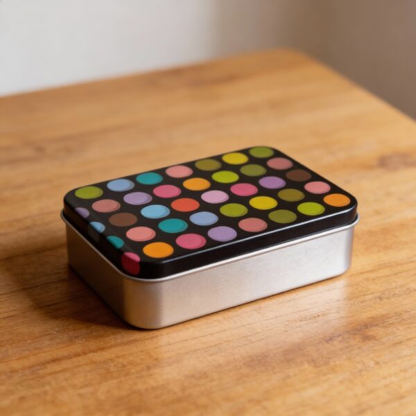 Silver Metal Tinplate Storage Container with Black Lid 100g Decorative Tin with Multicolor Circle Design for Candles, Accessories & Beads (2.5 × 6.5 × 9 cm) - Image 2