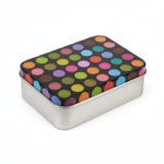 Silver Metal Tinplate Storage Container with Black Lid 100g Decorative Tin with Multicolor Circle Design for Candles, Accessories & Beads (2.5 × 6.5 × 9 cm)