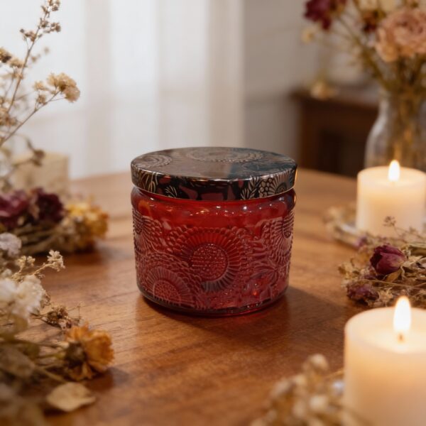Red Embossed Glass Storage Jar with Decorative Lid - Image 3