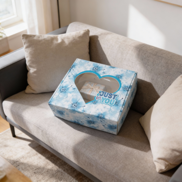 Blue Gift Box with Heart Window “Just for You” – Decorative Gift Packaging Box 4×10×10 cm - Image 2