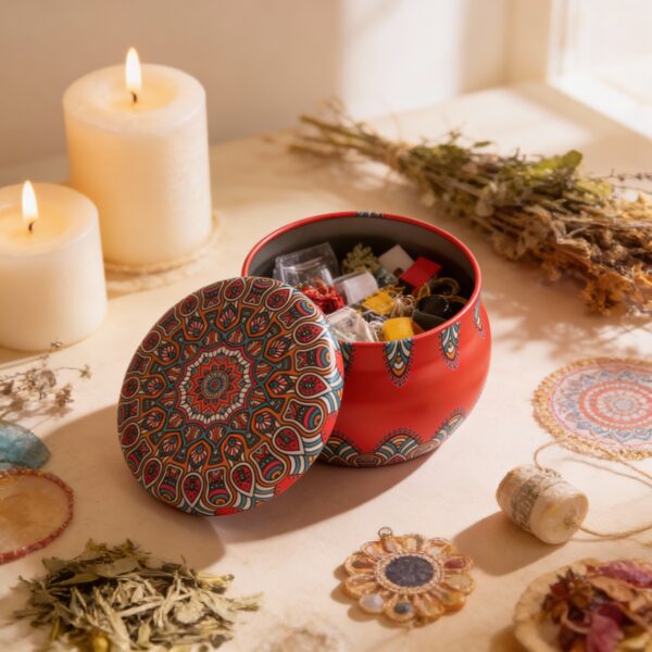 Red Round Metal Storage Tin with Mandala Design Lid – 5x7.5 cm – Decorative, Reusable, Perfect for Candles, Spices, Herbs, Beads, and Small Storage - Image 3