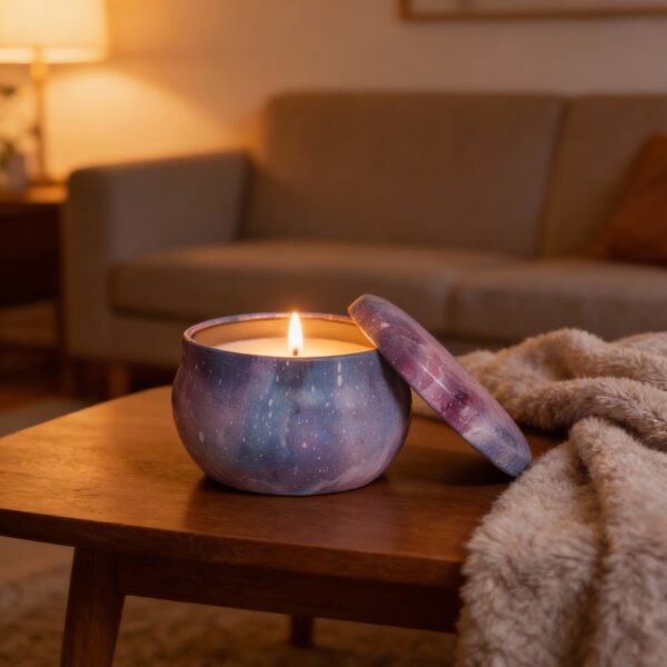 Purple Galaxy Metal Storage Tin with Lid – Mixed Purple Colors – 5x7.5 cm – Decorative, Reusable for Candles, Spices, Herbs, Beads, and Small Storage - Image 2