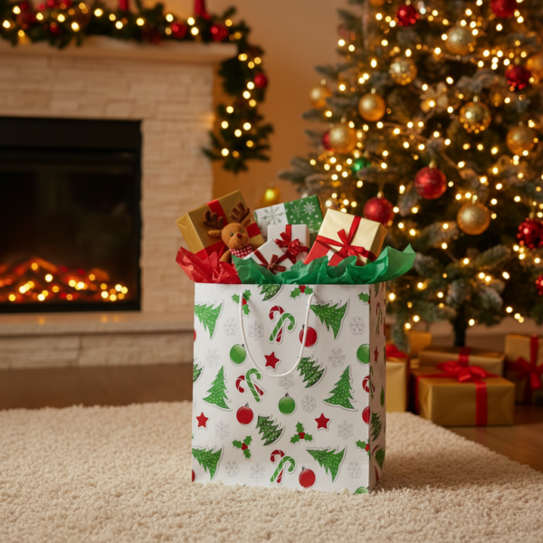 Christmas Cardboard Packing Bag 23×36 cm. White Holiday Packaging Bag with Red & Green Christmas Patterns for Storage, Shipping & Gifts - Image 2