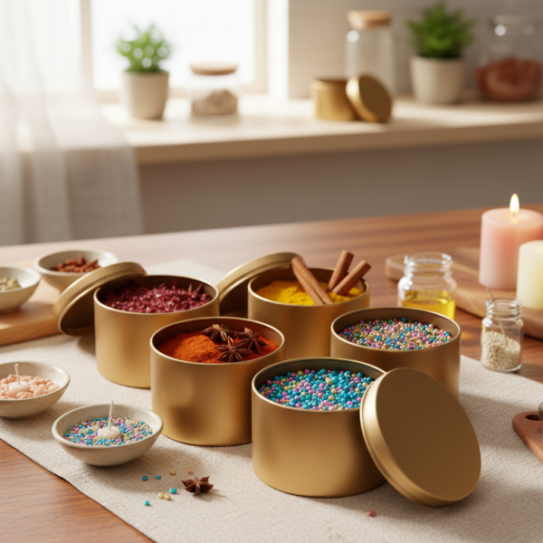 Gold Round Metal Storage Tin with Lid 180g Capacity, 6x8 cm. Durable, Reusable for Candle Making, Herbs, Spices, Beads, and Small Storage - Image 2