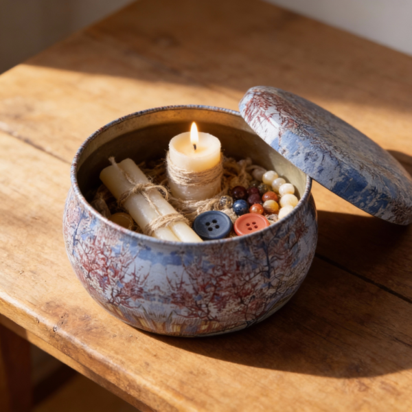 Blue Tinplate Storage Container with Tree Design. Autumn Theme Metal Tin for Candles, Beads & Small Crafts. Reusable Decorative Storage - Image 2