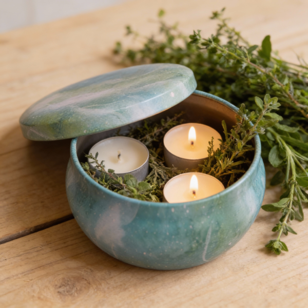 Blue and Green Metal Storage Tin with Lid – 5x7.5 cm. Decorative, Reusable Container for Candles, Spices, Herbs, Beads, and Small Storage - Image 2