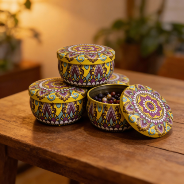 Yellow Tinplate Storage Tin with Dark Purple Design – Decorative Metal Organizer for Accessories & Candles (50g) - Image 2