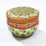Mandala Metal Storage Tin 5 × 7.5 cm. Mint Green Tinplate Organizer with Orange, Purple & Yellow Design foe storing Candles, Accessories, Beads(100g)