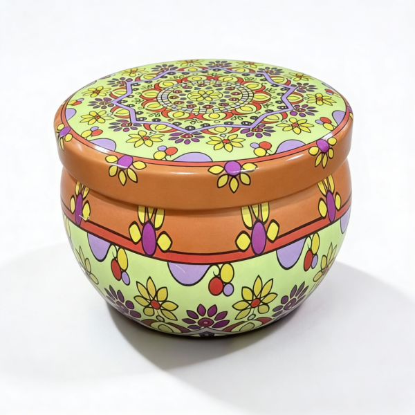 Mandala Metal Storage Tin 5 × 7.5 cm. Mint Green Tinplate Organizer with Orange, Purple & Yellow Design foe storing Candles, Accessories, Beads(100g)