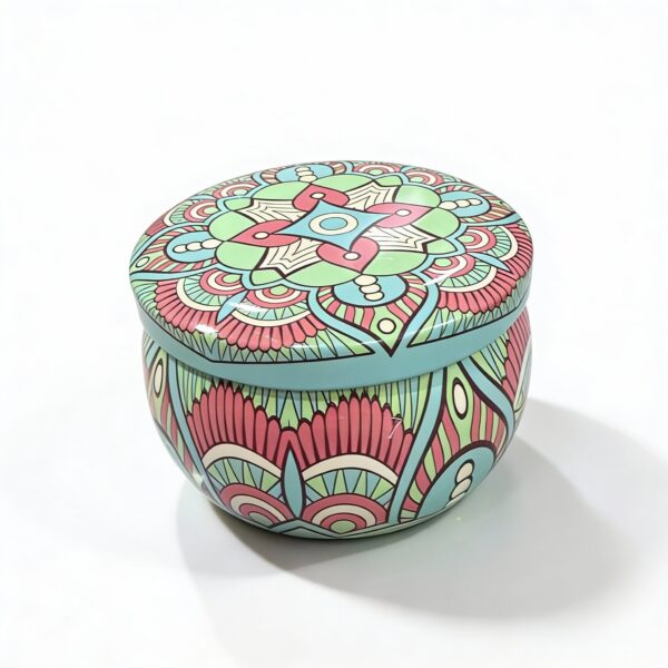 Mandala Metal Storage Tin 5 × 7.5 cm – Mint Green Tinplate Organizer with Red & Blue Design (100g)
