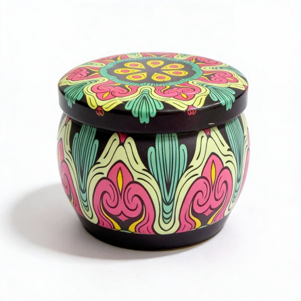 Mandala Metal Storage Tin 5 × 7.5 cm – Black Tinplate Organizer with Yellow, Mint Green & Red Design (100g)