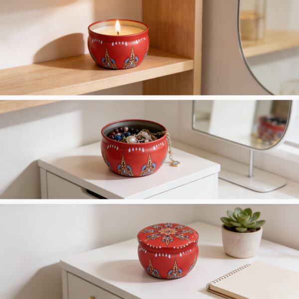 Mandala Metal Storage Tin 7.5 × 5 cm. Red Tinplate Organizer with Blue & Light Orange Design for Candles, Beads & Accessories (100g) - Image 2